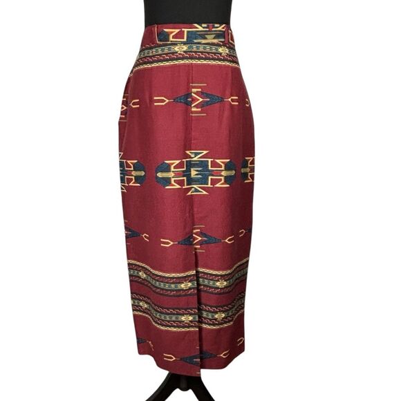 ON THE VERGE Vintage 90s Maxi Skirt Southwest Print On Red USA Made - Picture 3 of 11